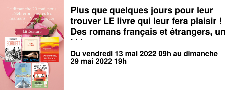 Plus que quelques jours pour leur trouver LE livre qui leur fera plaisir ! Des romans fran�ais et �trangers, un bon polar gla�ant, une BD divertissante... Il y a forc�ment un livre qui saura r�pondre � leurs envies :) Retrouvez ces livres en librairie, et bien d'autres id�es encore...